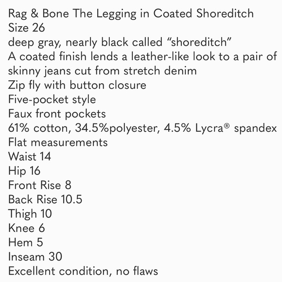Rag & Bone Jeans Legging Coated Shoreditch size 26 - Picture 8 of 8